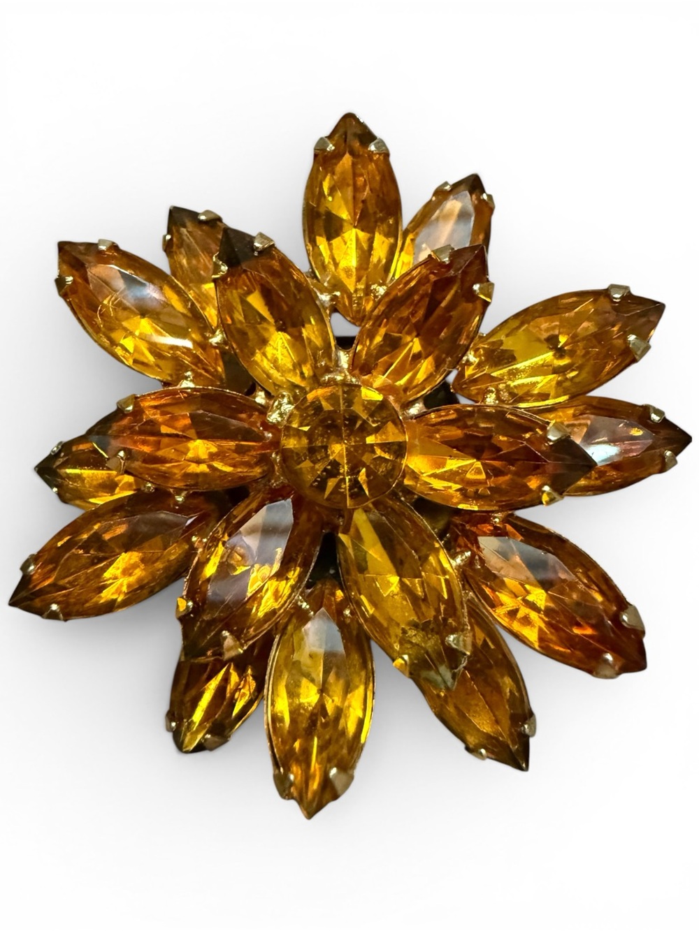 Vintage Amber Crystal Flower Brooch Gold Tone Statement Women Jewelry